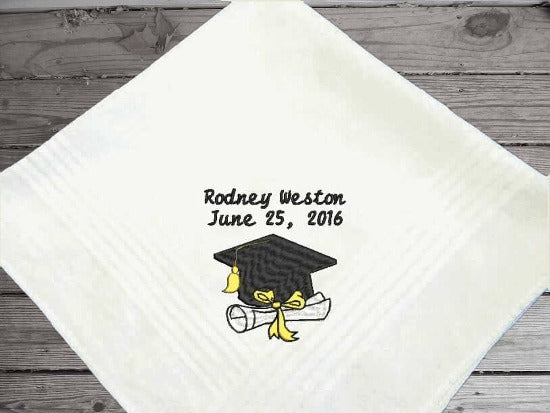 Graduation gift for him personalized embroidered cotton handkerchief with satin strips around edge 16" x 16", Name, Date, Cap and Diploma design as a keepsake on his special day. High school, collage or from a private school this handkerchief makes a great gift from family or friend. 4 different designs to choose from - Borgmanns Creations - 3