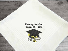 Load image into Gallery viewer, Graduation gift for him personalized embroidered cotton handkerchief with satin strips around edge 16&quot; x 16&quot;, Name, Date, Cap and Diploma design as a keepsake on his special day. High school, collage or from a private school this handkerchief makes a great gift from family or friend. 4 different designs to choose from - Borgmanns Creations - 3
