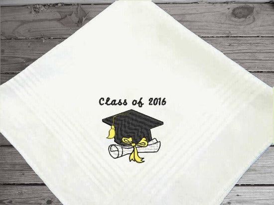 Graduation gift for him personalized embroidered cotton handkerchief with satin strips around edge 16" x 16", Class of, Cap and Diploma design as a keepsake on his special day. High school, collage or from a private school this handkerchief makes a great gift from family or friend. 4 different designs to choose from - Borgmanns Creations - 4