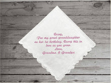 Load image into Gallery viewer, Great granddaughter gift beautifully embroidered handkerchief, first birthday gift to have as she grows up keeping this personalized hankie from her great grand parents. White cotton handkerchief with  scalloped edges 11 in x 11 in - Borgmanns Creations -1
