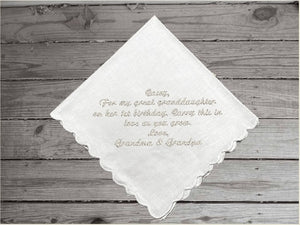 Great granddaughter gift beautifully embroidered handkerchief, first birthday gift to have as she grows up keeping this personalized hankie from her great grand parents. White cotton handkerchief with  scalloped edges 11 in x 11 in - Borgmanns Creations -5