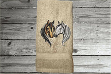 Load image into Gallery viewer, Beige hand towel for a horse lovers gift, this classy embroidered design of 2 horse heads on a luxury terry hand towel, 16&quot; x 27&quot;, will make your bathroom or kitchen decor, country western decor for the farmhouse family.  Personalize this towel as a gift for a friend, birthday gift or house warming gift - Borgmanns Creations  - 1
