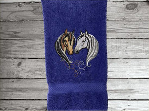 Blue hand towel for a horse lovers gift, this classy embroidered design of 2 horse heads on a luxury terry hand towel, 16" x 27", will make your bathroom or kitchen decor, country western decor for the farmhouse family.  Personalize this towel as a gift for a friend, birthday gift or house warming gift - Borgmanns Creations  - 2