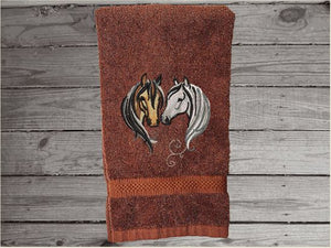 Brown hand towel for a horse lovers gift, this classy embroidered design of 2 horse heads on a luxury terry hand towel, 16" x 27", will make your bathroom or kitchen decor, country western decor for the farmhouse family.  Personalize this towel as a gift for a friend, birthday gift or house warming gift - Borgmanns Creations  - 4