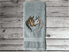 Load image into Gallery viewer, Gray hand towel for a horse lovers gift, this classy embroidered design of 2 horse heads on a luxury terry hand towel, 16&quot; x 27&quot;, will make your bathroom or kitchen decor, country western decor for the farmhouse family.  Personalize this towel as a gift for a friend, birthday gift or house warming gift - Borgmanns Creations  - 5
