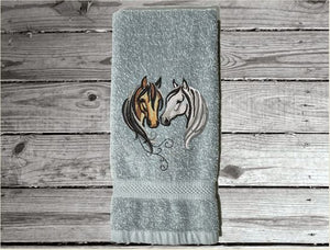 Gray hand towel for a horse lovers gift, this classy embroidered design of 2 horse heads on a luxury terry hand towel, 16" x 27", will make your bathroom or kitchen decor, country western decor for the farmhouse family.  Personalize this towel as a gift for a friend, birthday gift or house warming gift - Borgmanns Creations  - 5