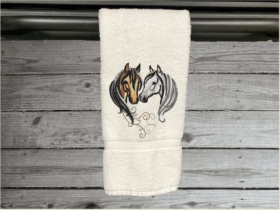White hand towel for a horse lovers gift, this classy embroidered design of 2 horse heads on a luxury terry hand towel, 16" x 30", will make your bathroom or kitchen decor, country western decor for the farmhouse family.  Personalize this towel as a gift for a friend, birthday gift or house warming gift - Borgmanns Creations  - 3