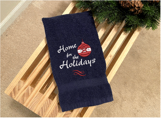 Blue Hand towel "Home For The Holiday" - soft and absorbent gift for mom - bathroom and kitchen farmhouse decor - housewarming gift -  Christmas towel decor - Borgmanns Creations 1