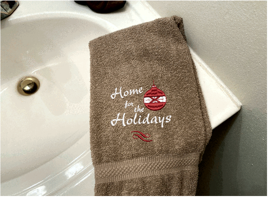 Beige Hand towel "Home For The Holiday" - soft and absorbent gift for mom - bathroom and kitchen farmhouse decor - housewarming gift -  Christmas towel decor - Borgmanns Creations 2