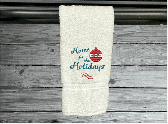 White Hand towel "Home For The Holiday" - soft and absorbent gift for mom - bathroom and kitchen farmhouse decor - housewarming gift -  Christmas towel decor - Borgmanns Creations 4