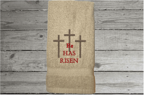 Beige hand towel Easter design - embroidered towel gift for the holidays - bathroom decor - kitchen decor - terry hand towel as a housewarming gift, Easter gift to celebrate the season - terry towel - premium soft and absorbent 16" x 27" - Borgmanns Creations - 1