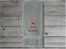 Load image into Gallery viewer, Gray hand towel Easter design - embroidered towel gift for the holidays - bathroom decor - kitchen decor - terry hand towel as a housewarming gift, Easter gift to celebrate the season - terry towel - premium soft and absorbent 16&quot; x 27&quot; - Borgmanns Creations - 4
