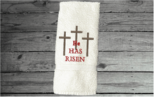 Load image into Gallery viewer, White hand towel Easter design - embroidered towel gift for the holidays - bathroom decor - kitchen decor - terry hand towel as a housewarming gift, Easter gift to celebrate the season - terry towel - premium soft and absorbent 16&quot; x 27&quot; - Borgmanns Creations - 5
