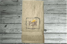 Load image into Gallery viewer, Beige  personalized hand towel embroidered initials in western style, terry towel 16&quot; x 27&quot;, is soft absorbent great colors for a gorgeous  bathroom decor - gift for mom, friend, housewarming gift with a western theme - Borgmanns Creations 

