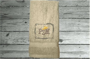 Beige  personalized hand towel embroidered initials in western style, terry towel 16" x 27", is soft absorbent great colors for a gorgeous  bathroom decor - gift for mom, friend, housewarming gift with a western theme - Borgmanns Creations 