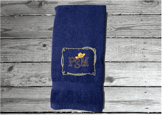 Blue  personalized hand towel embroidered initials in western style, terry towel 16" x 27", is soft absorbent great colors for a gorgeous  bathroom decor - gift for mom, friend, housewarming gift with a western theme - Borgmanns Creations 
