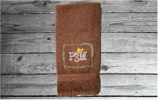 Brown  personalized hand towel embroidered initials in western style, terry towel 16" x 27", is soft absorbent great colors for a gorgeous  bathroom decor - gift for mom, friend, housewarming gift with a western theme - Borgmanns Creations 