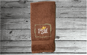 Brown  personalized hand towel embroidered initials in western style, terry towel 16" x 27", is soft absorbent great colors for a gorgeous  bathroom decor - gift for mom, friend, housewarming gift with a western theme - Borgmanns Creations 