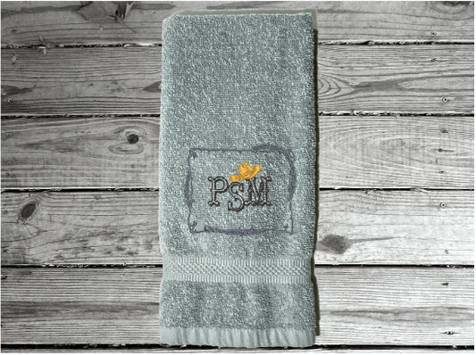 Gray  personalized hand towel embroidered initials in western style, terry towel 16" x 27", is soft absorbent great colors for a gorgeous  bathroom decor - gift for mom, friend, housewarming gift with a western theme - Borgmanns Creations 