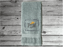 Load image into Gallery viewer, Gray  personalized hand towel embroidered initials in western style, terry towel 16&quot; x 27&quot;, is soft absorbent great colors for a gorgeous  bathroom decor - gift for mom, friend, housewarming gift with a western theme - Borgmanns Creations 
