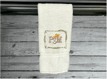 Load image into Gallery viewer, White personalized hand towel embroidered initials in western style, terry towel 16&quot; x 30&quot;, is soft absorbent great colors for a gorgeous  bathroom decor - gift for mom, friend, housewarming gift with a western theme - Borgmanns Creations 
