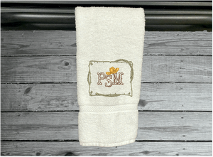 White personalized hand towel embroidered initials in western style, terry towel 16" x 30", is soft absorbent great colors for a gorgeous  bathroom decor - gift for mom, friend, housewarming gift with a western theme - Borgmanns Creations 