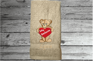 Beige Valentines Day hand Towel, terry towel soft and absorbent, teddy bear and heart embroidered design 16" x 27", great gift to your sweet heart for this holiday. Pick a towel color to go with her bathroom or kitchen decor, for that special I love you - Borgmanns Creations
