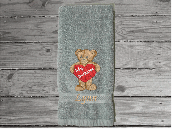 Gray Valentines Day hand Towel, terry towel soft and absorbent, teddy bear and heart embroidered design 16" x 27", great gift to your sweet heart for this holiday. Pick a towel color to go with her bathroom or kitchen decor, for that special I love you - Borgmanns Creations 