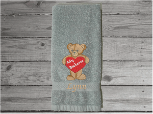 Gray Valentines Day hand Towel, terry towel soft and absorbent, teddy bear and heart embroidered design 16" x 27", great gift to your sweet heart for this holiday. Pick a towel color to go with her bathroom or kitchen decor, for that special I love you - Borgmanns Creations 