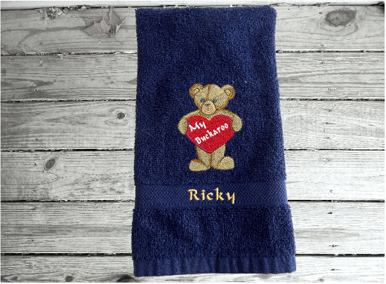 Blue Valentines Day hand Towel, terry towel soft and absorbent, teddy bear and heart embroidered design 16" x 27", great gift to your sweet heart for this holiday. Pick a towel color to go with her bathroom or kitchen decor, for that special I love you - Borgmanns Creations 