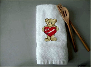 White Valentines Day hand Towel, terry towel soft and absorbent, teddy bear and heart embroidered design 16" x 30", great gift to your sweet heart for this holiday. Pick a towel color to go with her bathroom or kitchen decor, for that special I love you - Borgmanns Creations 