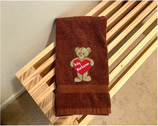 Brown Valentines Day hand Towel, terry towel soft and absorbent, teddy bear and heart embroidered design 16" x 27", great gift to your sweet heart for this holiday. Pick a towel color to go with her bathroom or kitchen decor, for that special I love you - Borgmanns Creations 