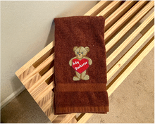 Load image into Gallery viewer, Brown Valentines Day hand Towel, terry towel soft and absorbent, teddy bear and heart embroidered design 16&quot; x 27&quot;, great gift to your sweet heart for this holiday. Pick a towel color to go with her bathroom or kitchen decor, for that special I love you - Borgmanns Creations 

