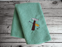 Load image into Gallery viewer, Boy baby shower gift for the mom to be. Green polyester towel, 16&quot; x 18&quot;, embroidered design. This soft hand towel can be for spills or drying your child&#39;s face. Gift for your child&#39;s nursery decor for the farmhouse theme - Borgmanns Creations - 1

