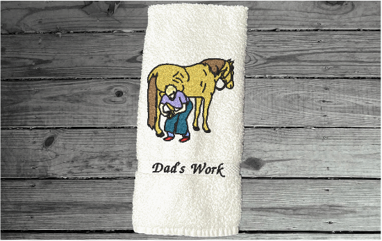 White hand towel horse lovers gift- embroidered western work towel - gift for a horse owner- bath towel for the western ranch house decor, birthday gift for a farrier - take it to the barn - decorative towel for the bathroom home decor - terry towel premium soft and absorbent 16" x 30" - Borgmanns Creations - 1