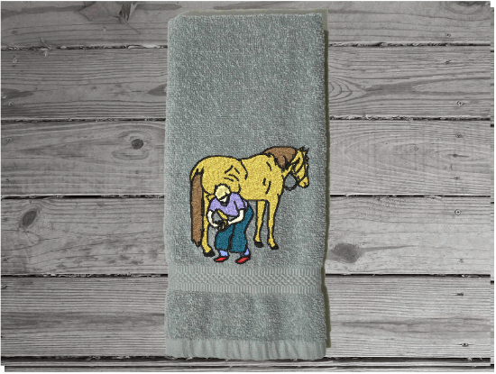 Gray hand towel horse lovers gift- embroidered western work towel - gift for a horse owner- bath towel for the western ranch house decor, birthday gift for a farrier - take it to the barn - decorative towel for the bathroom home decor - terry towel premium soft and absorbent 16" x 27" - Borgmanns Creations - 2