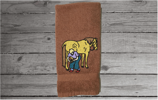 Brown hand towel horse lovers gift- embroidered western work towel - gift for a horse owner- bath towel for the western ranch house decor, birthday gift for a farrier - take it to the barn - decorative towel for the bathroom home decor - terry towel premium soft and absorbent 16" x 27" - Borgmanns Creations - 3