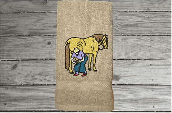 Beige hand towel horse lovers gift- embroidered western work towel - gift for a horse owner- bath towel for the western ranch house decor, birthday gift for a farrier - take it to the barn - decorative towel for the bathroom home decor - terry towel premium soft and absorbent 16" x 27" - Borgmanns Creations - 5