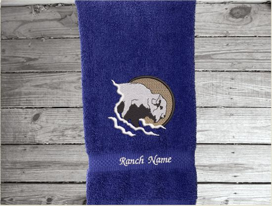 Blue hand towel embroidered Southwest decor with buffalo head will make the west come alive. A terry hand towel 16" x 27" is just the gift for the Southwest theme for bathroom or kitchen, to make the romance of the old west come alive. Will make a wonderful farmhouse housewarming gift or for your own home. decor - Borgmanns Creations - 2