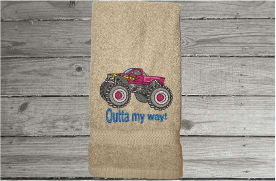 Beige Big truck hand towel gift for dad - embroidered gift -  perfect gift for him - den, office man cave etc. - birthday gift for dad or son - Borgmanns Creations 1