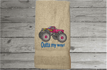Load image into Gallery viewer, Beige Big truck hand towel gift for dad - embroidered gift -  perfect gift for him - den, office man cave etc. - birthday gift for dad or son - Borgmanns Creations 1
