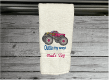 Load image into Gallery viewer, White big truck hand towel gift for dad - embroidered gift -  perfect gift for him - den, office man cave etc. - birthday gift for dad or son - Borgmanns Creations 4
