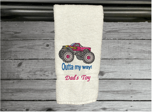White big truck hand towel gift for dad - embroidered gift -  perfect gift for him - den, office man cave etc. - birthday gift for dad or son - Borgmanns Creations 4