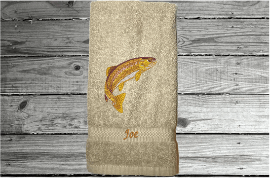 Beige nautical hand towel embroidered fish on a cotton terry towel premium soft and absorbent 16" x 27". Wonderful gift for dad as a birthday gift or for his fishing trips. For the lake house a great towel design for the cabin, in the kitchen. - Borgmanns Creations