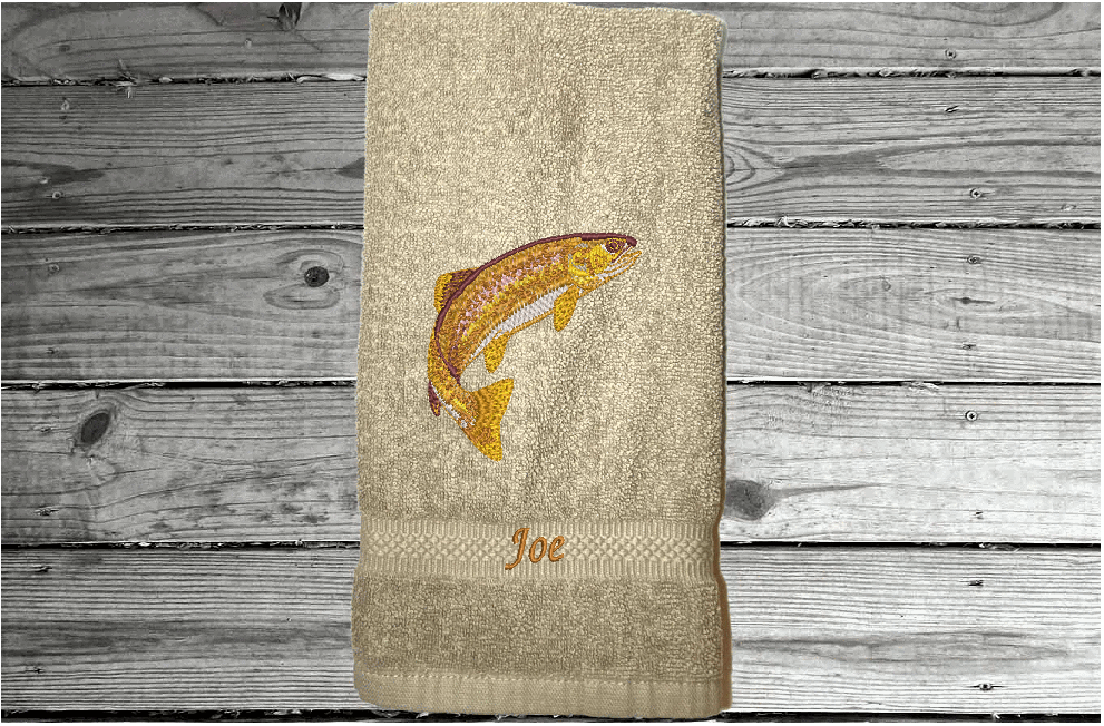 Beige nautical hand towel embroidered fish on a cotton terry towel premium soft and absorbent 16