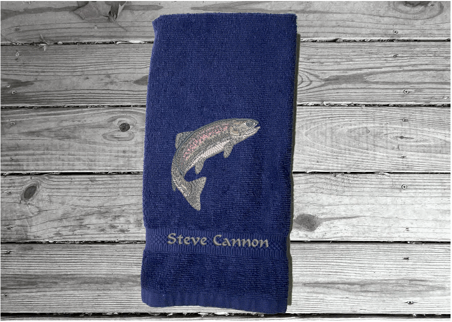 Blue nautical hand towel embroidered fish on a cotton terry towel premium soft and absorbent 16" x 27". Wonderful gift for dad as a birthday gift or for his fishing trips. For the lake house a great towel design for the cabin, in the kitchen. - Borgmanns Creations