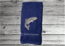 Load image into Gallery viewer, Blue nautical hand towel embroidered fish on a cotton terry towel premium soft and absorbent 16&quot; x 27&quot;. Wonderful gift for dad as a birthday gift or for his fishing trips. For the lake house a great towel design for the cabin, in the kitchen. - Borgmanns Creations
