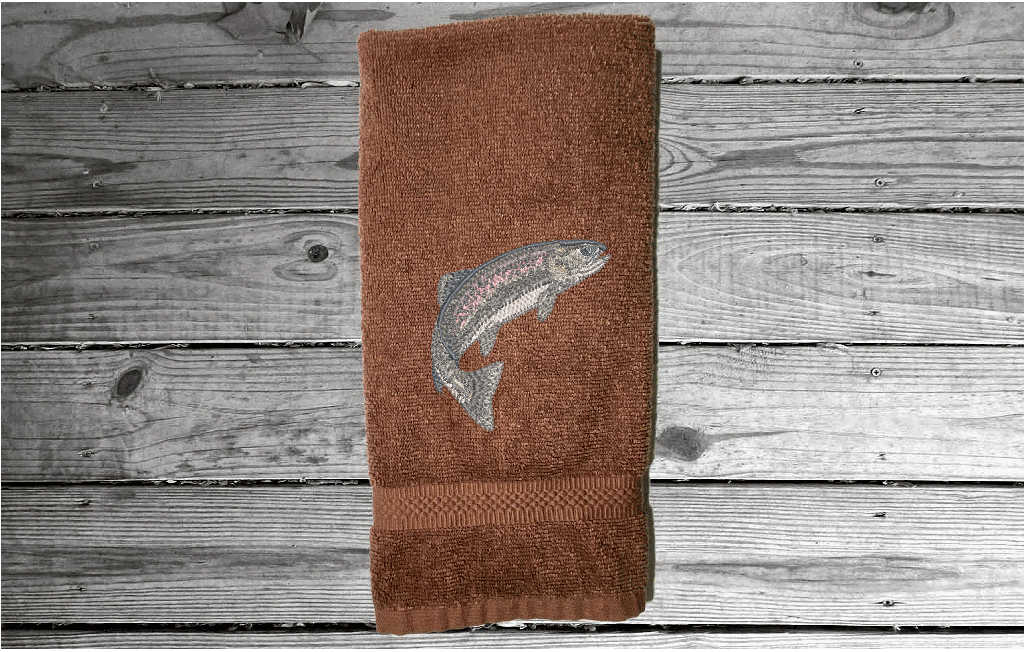 Brown nautical hand towel embroidered fish on a cotton terry towel premium soft and absorbent 16" x 27". Wonderful gift for dad as a birthday gift or for his fishing trips. For the lake house a great towel design for the cabin, in the kitchen. - Borgmanns Creations