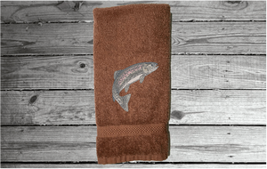 Brown nautical hand towel embroidered fish on a cotton terry towel premium soft and absorbent 16" x 27". Wonderful gift for dad as a birthday gift or for his fishing trips. For the lake house a great towel design for the cabin, in the kitchen. - Borgmanns Creations
