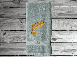 Gray nautical hand towel embroidered fish on a cotton terry towel premium soft and absorbent 16" x 27". Wonderful gift for dad as a birthday gift or for his fishing trips. For the lake house a great towel design for the cabin, in the kitchen. - Borgmanns Creations